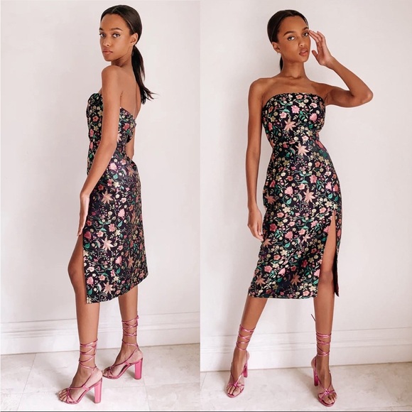 Black Satin and Colorful Floral Embroidered Strapless Midi Dress 🌿 - Picture 6 of 11